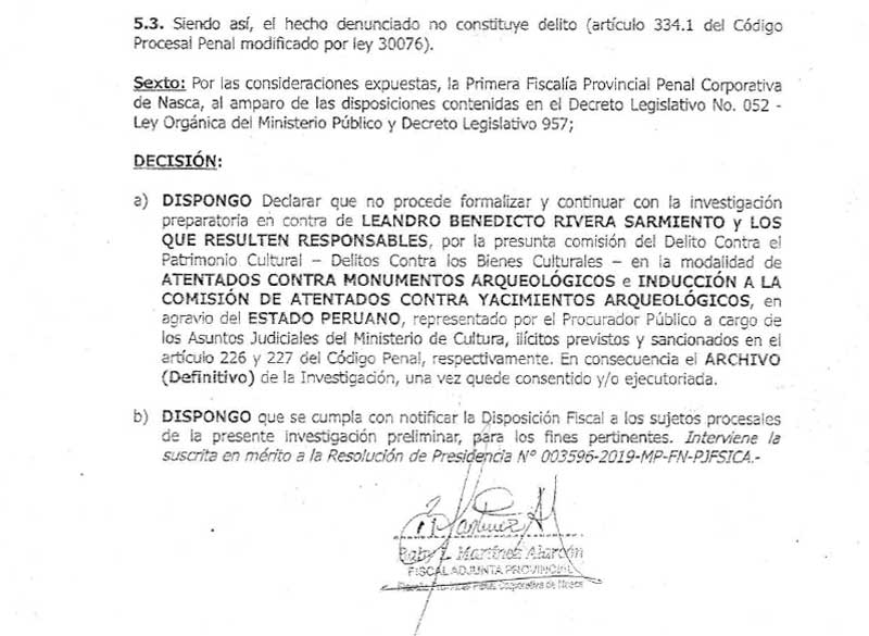 Clasificación definitiva por la justicia peruana de la queja del delito contra los bienes culturales